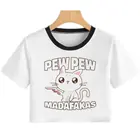 Новинка, летняя женская футболка Pew Madafakas в стиле Харадзюку, забавная футболка Ulzzang с коротким рукавом, Милая футболка с котом, мультяшный укороченный топ, женская футболка