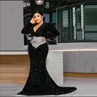 Черные блестящие искусственные вечерние платья с вышивкой бисером аппликации V-образным вырезом с длинным рукавом Aso Ebi платье для выпускного вечера со шлейфом