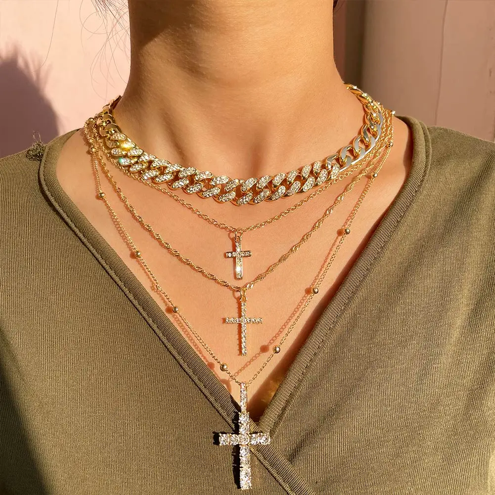 

JUST FEEL Multilayer Iced Out Cuban Chain Cross Necklace for Women Golden Portrait Coin Choker Necklace Punk Hip-hop Jewelry