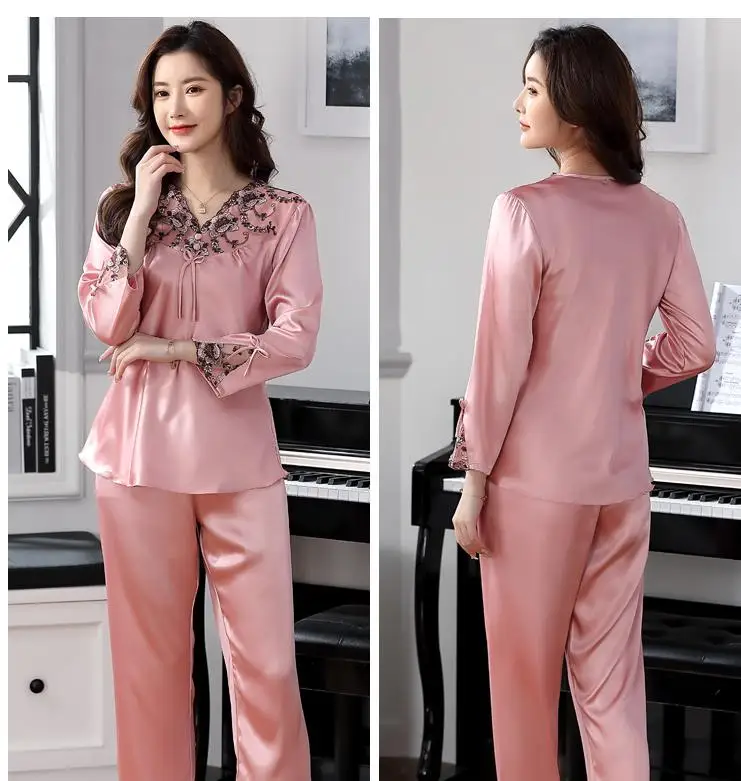 

Mother Lace Pajamas Sets 2PCS Full Sleeve&Pant Pyjamas Suit Faux Silk Loose Women Sleepwear Summer Lounge Home Wear Nightwear