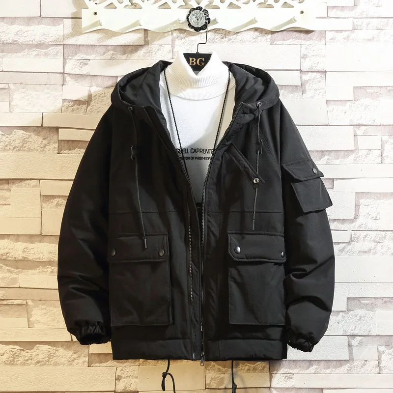 2021 winter new Japanese frock coat for young men,  hooded cotton coat, casual solid color thick coat for men