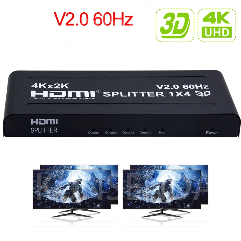 

4Kx2k 1080P HDMI Splitter 4K 60Hz HDMI Splitter 1x4 HDMI2.0 1 In 4 Out Video Converter for PS4 STB DVD PC Output To 4 TV Monitor