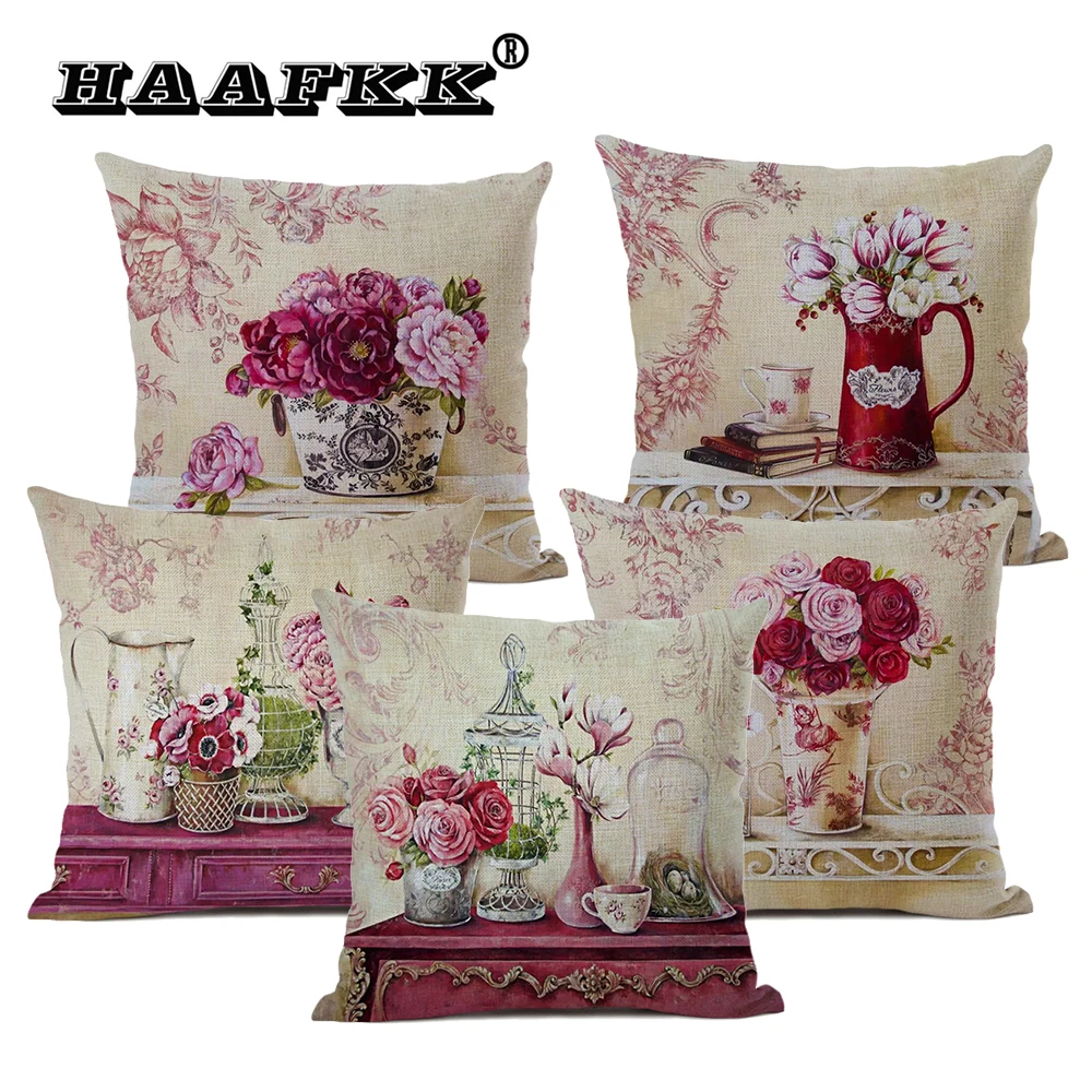 Декоративные подушки в стиле ретро с рисунком цветов и травы Обложка для