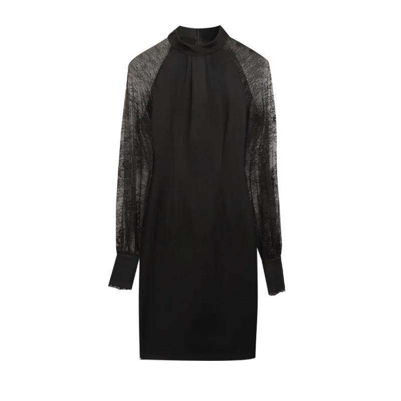 

Women's Black Lace Stitching Dress 2021 Spring/Summer Fashion New Style Show Thin Bag Hip Bottoming Dress Slim Temperament Dress