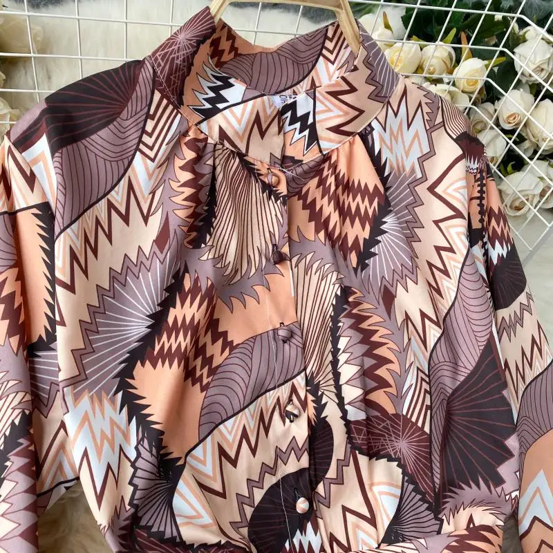 

Women Retro Print Maxi Dress French Chic Stand Collar Long Sleeve Button Dress Autumn Korean Bohemian A-line Long Robe DZA372