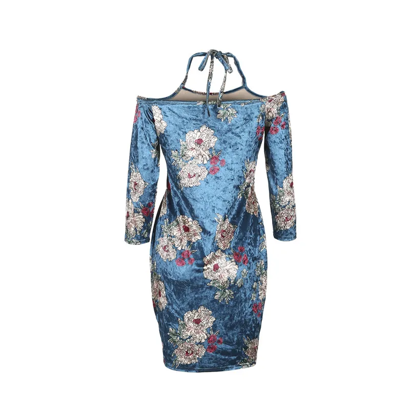 Женское цветочное элегантное бархатное платье с лямкой на шее королевское