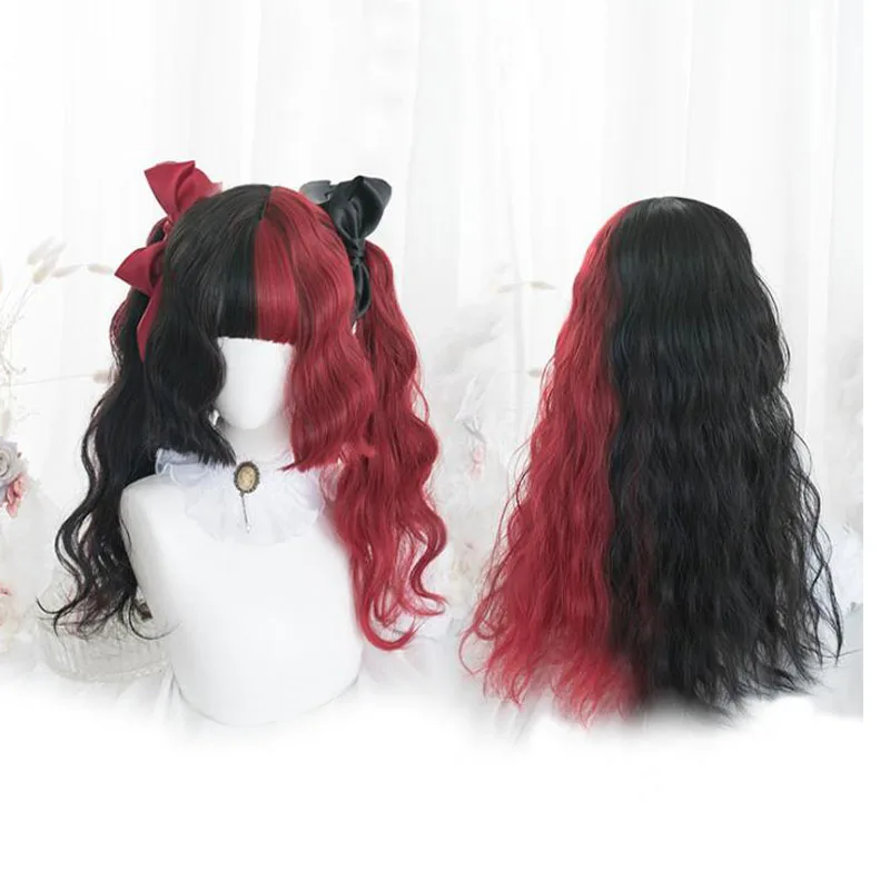 

Harajuku Lolita Wig Curly Sweet Long Body Wave Synthetic Hair Fringe Bangs Red Black Mixed Heat Resistant Cosplay Daily-wear
