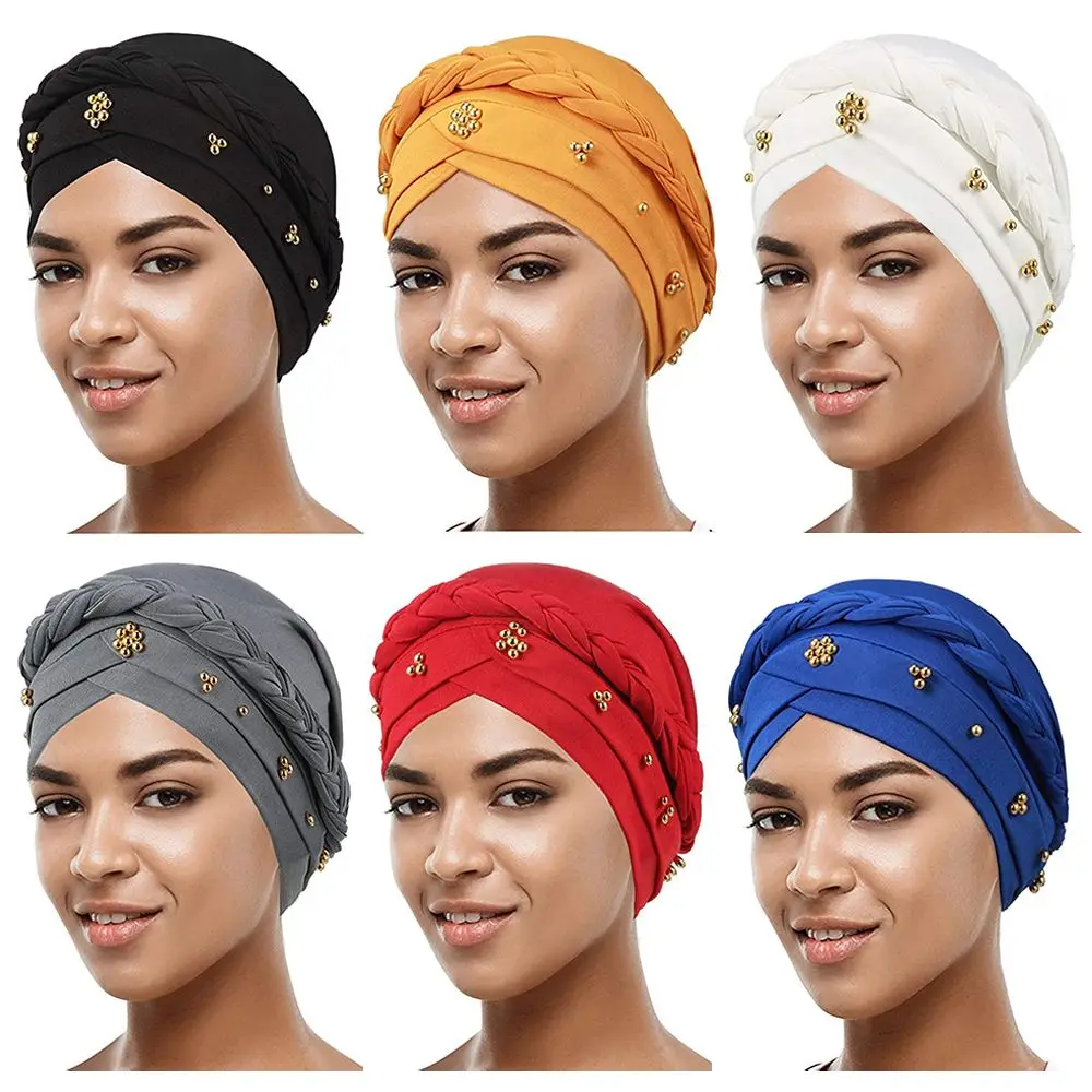 

Stretch Faux Pearl Muslim Twisted Braid Wrap Hat Beaded Headscarf Women Turban Cap Beanies