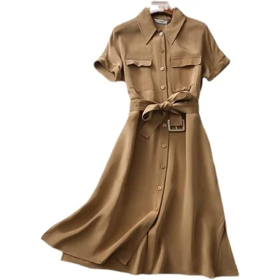 

2021 summer new short sleeve waist closing slim mulberry silk heavy crepe lace up shirt dress for women