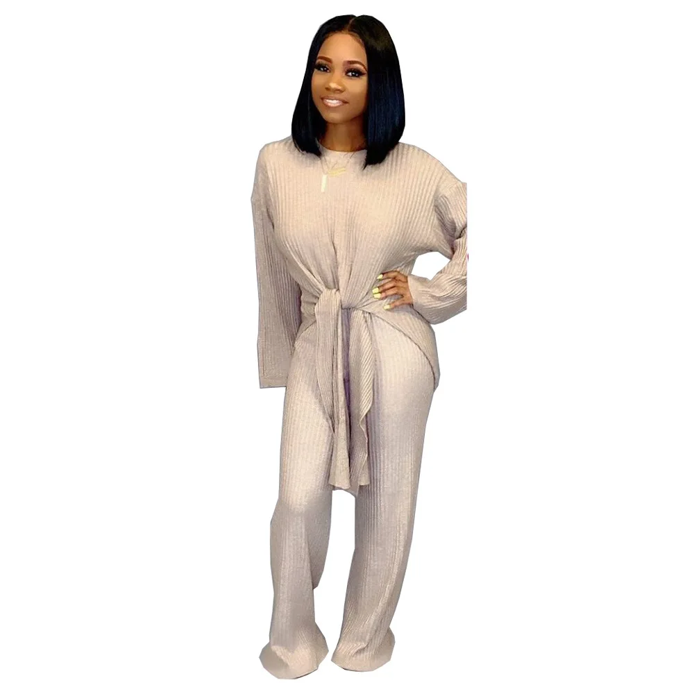 Женский комплект однотонного цвета с длинными рукавами вязаный свитер узлом