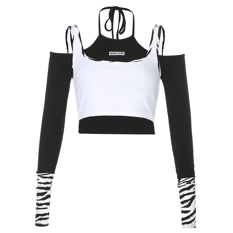 

Retro Fake Two Piece Stitching Strapless Slim Long-Sleeved T-Shirt For Fall 2021 European And American INS New Women's Clothing