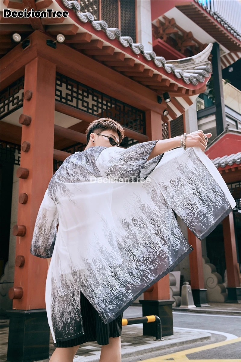 

2021 ink printing japanese style kimono haori yukata cosplay men casual short sleeve streetwear jackets clothes