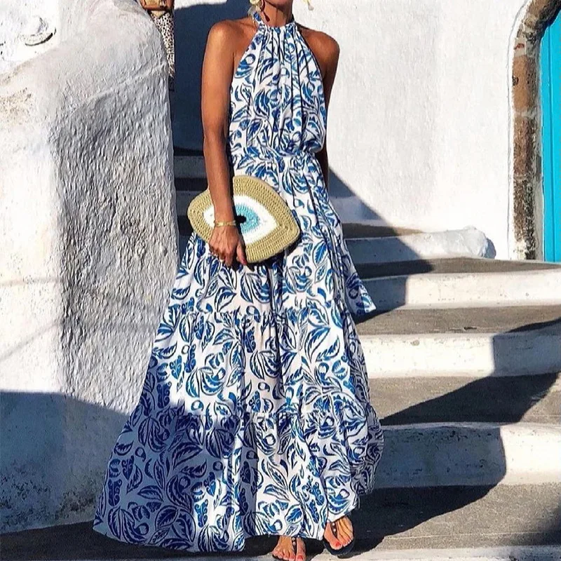 

Spring Halter Folds Elegant Boho Long Dress 2021 Summer Sleeveless Tank Maxi Dress Women Floral Print Elastic Waist Party Dress