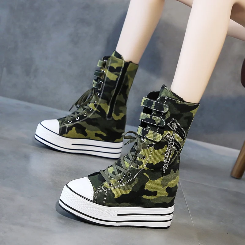 

Spring and Autumn new style high top camouflage boots leisure canvas shoes platform platform shoes middle boots female shoes