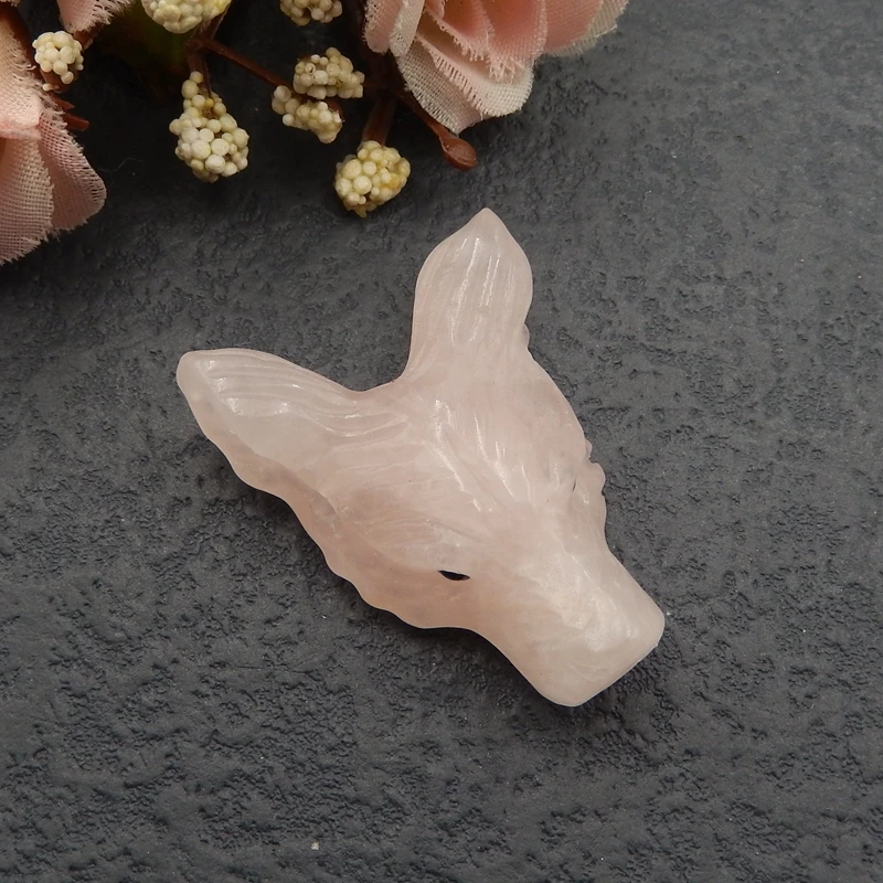 

Carved wolf head,Rose quartz Gemstone pendant bead,Semi-precious stones jewelry accessories,33x26x11mm11g