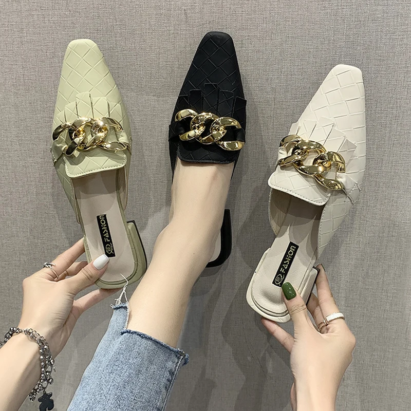 

Low Cover Toe Loafers Shoes Woman's Slippers Slides Female Mule Fashion Rivet 2021 Mules Luxury Rubber Hoof Heels Metal Decorati