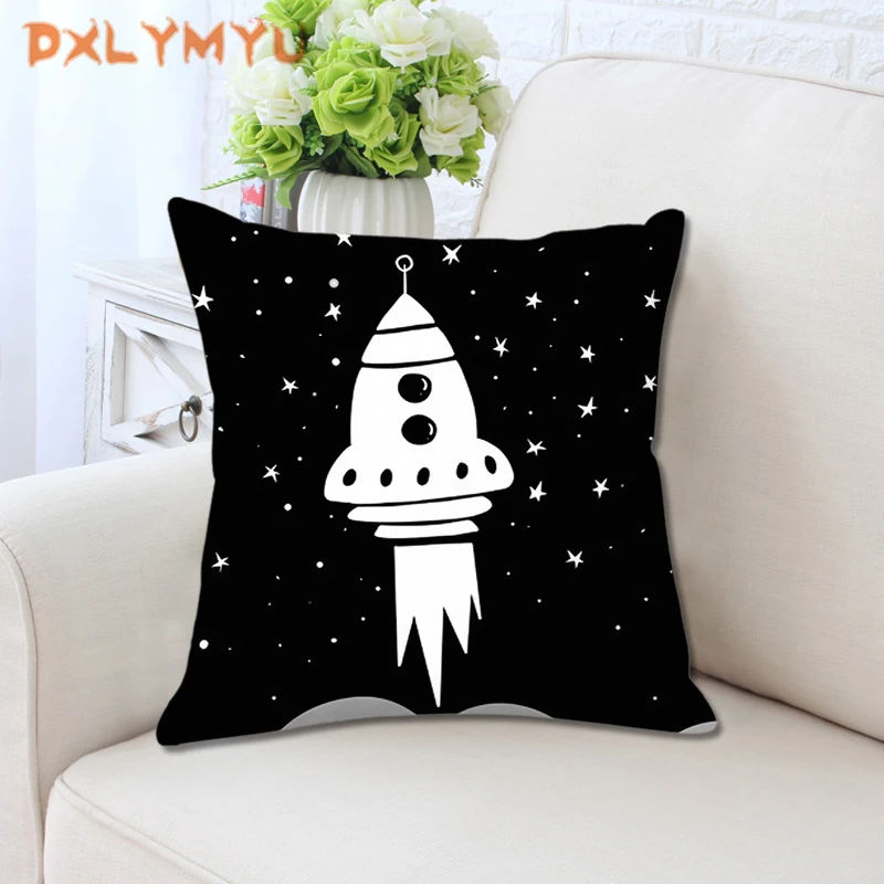 Мультяшный чехол для подушки черно белый плюшевый Чехол с рисунком Ракеты рука