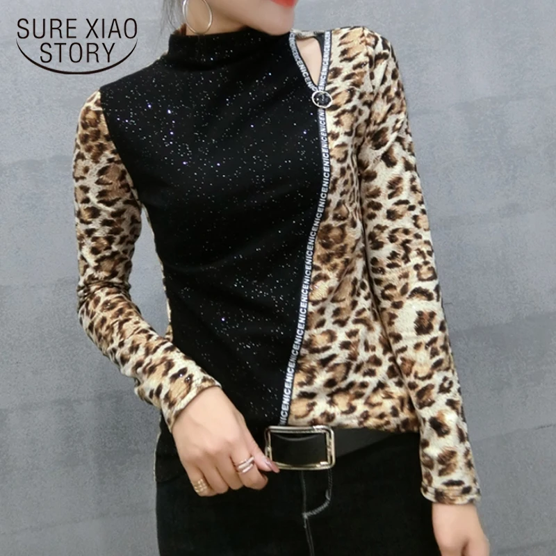 

Leopard Blouses 2021 New Spring Autumn Women Fashion Sequined Zipper Bottoming Shirt Patchwork Turtleneck Tops Pullover 7857 50