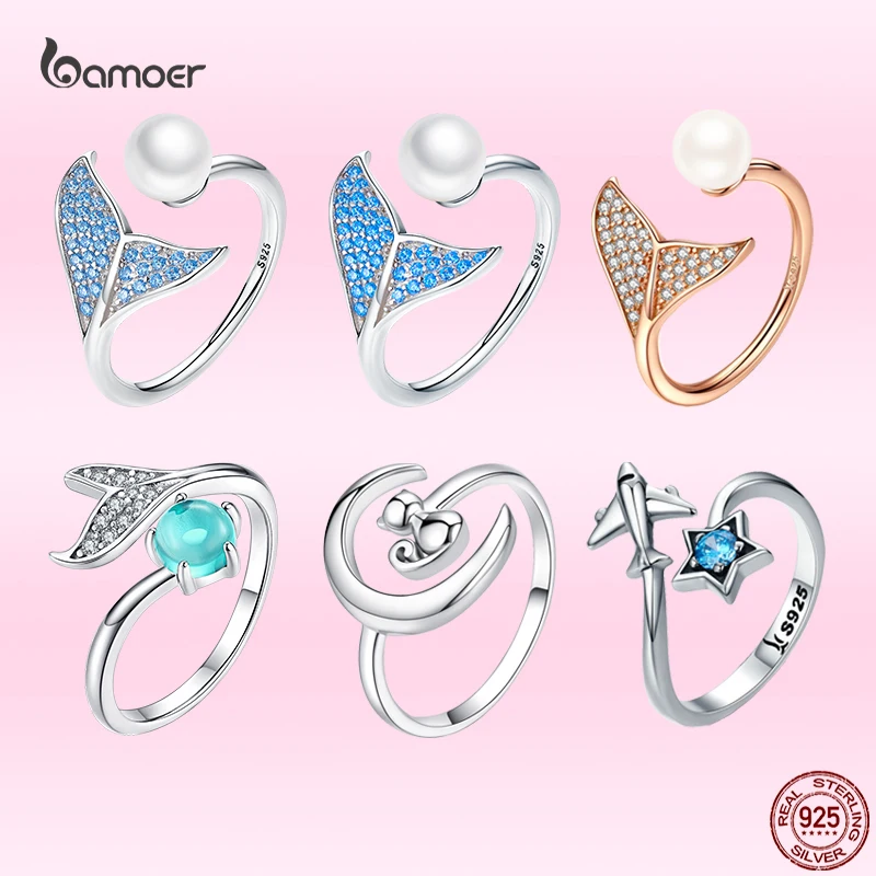 

Bamoer Creative Double Pearl Finger Ring Fish Tail for Women Adjustable Size fit 5 6 7 8 9 Authentic Sterling Silver 925 Jewelry