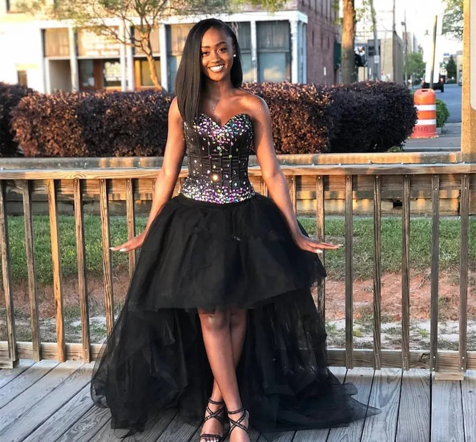 

High Low Black Crystal Cocktail Dresses 2022 Sexy Sweetheart Backless Formal Prom Evening Dress for Lady Country Vestidos De