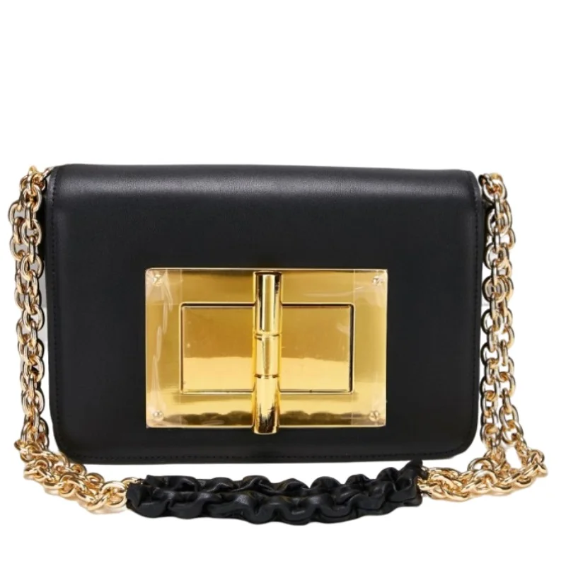 

Women's Genuine Leather Square Hardware Buckle Metal Chain Splices Female Shoulder Crossbody Flap Bags Party Clutch Bag Purses
