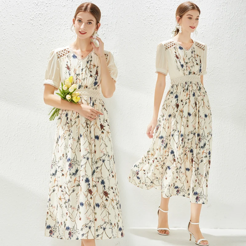 

Simgent Flowers Print Dress Women Lace Up Hollow Out A Line Midi Long Elegant Beach Dresses Vestidos Dames Jurken SG17315