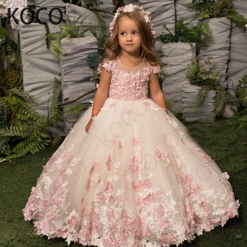 

Exquisite Puffy Pink Tiered Princess Flower Girl Dresses Beads Pearls Birthday Pageant Robe De Demoiselle First Communion