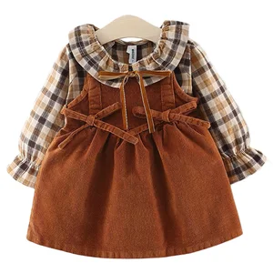 Новый комплект платья для маленьких девочек от 0 до 24 месяцев хлопковая рубашка для малышей + платье костюм из 2 предметов Детская осенняя Милая повседневная одежда