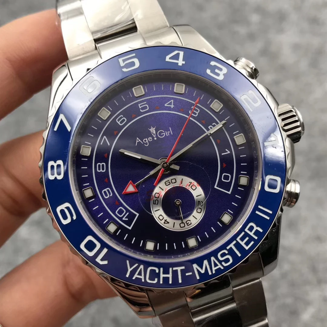 

Luxury New Men Watch Automatic Mechanical Silver Bezel Stainless Steel GMT Watch Sapphire YACHT Wristwatch 44mm Black Grey