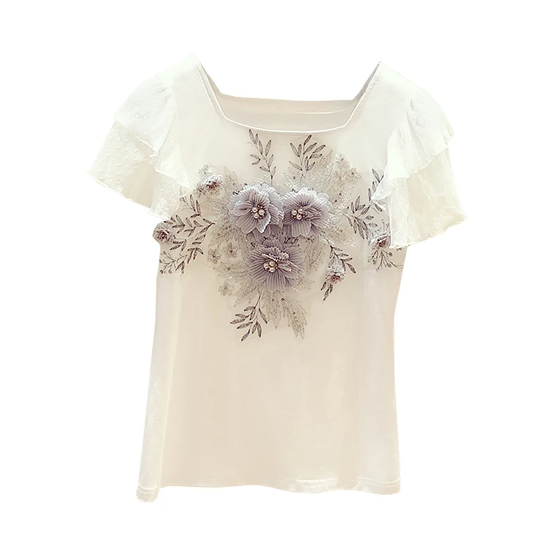 

2020 Spring Summer New Sweet Beaded Flower Embroidered Tee Shirt Women Square Neck Short Sleeve T-shirt Female Casual Tee Tops
