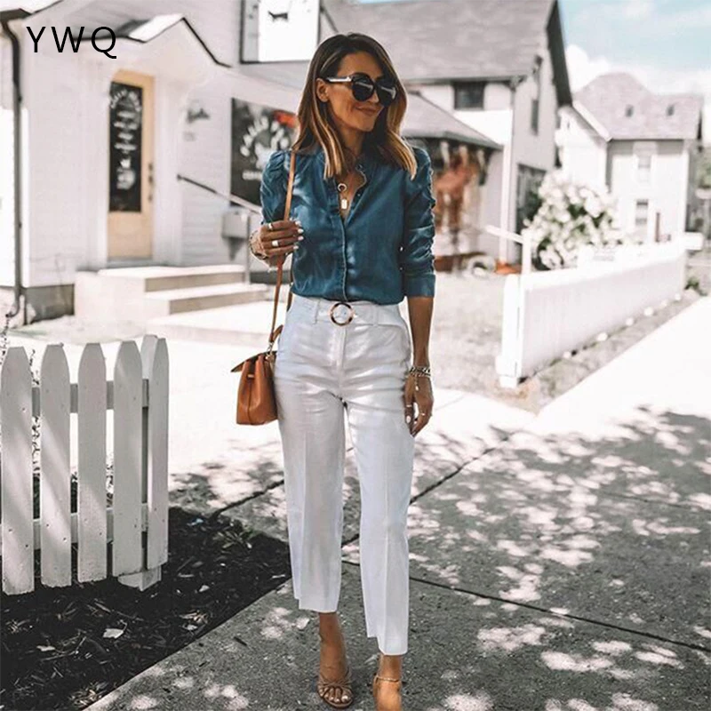 Джинсовая рубашка для женщин топы с длинным рукавом блузки женская одежда