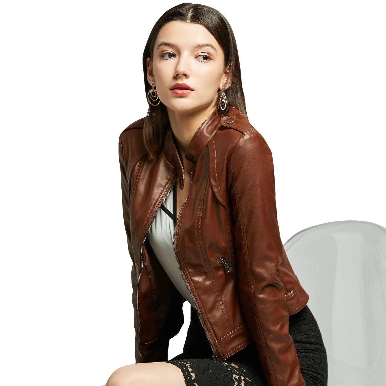 

2021 Women's Clothing Stand Collar Casual Leather Clothing Women's Slim Motorcycle Fashion Pleated Stitching Leather Clothing