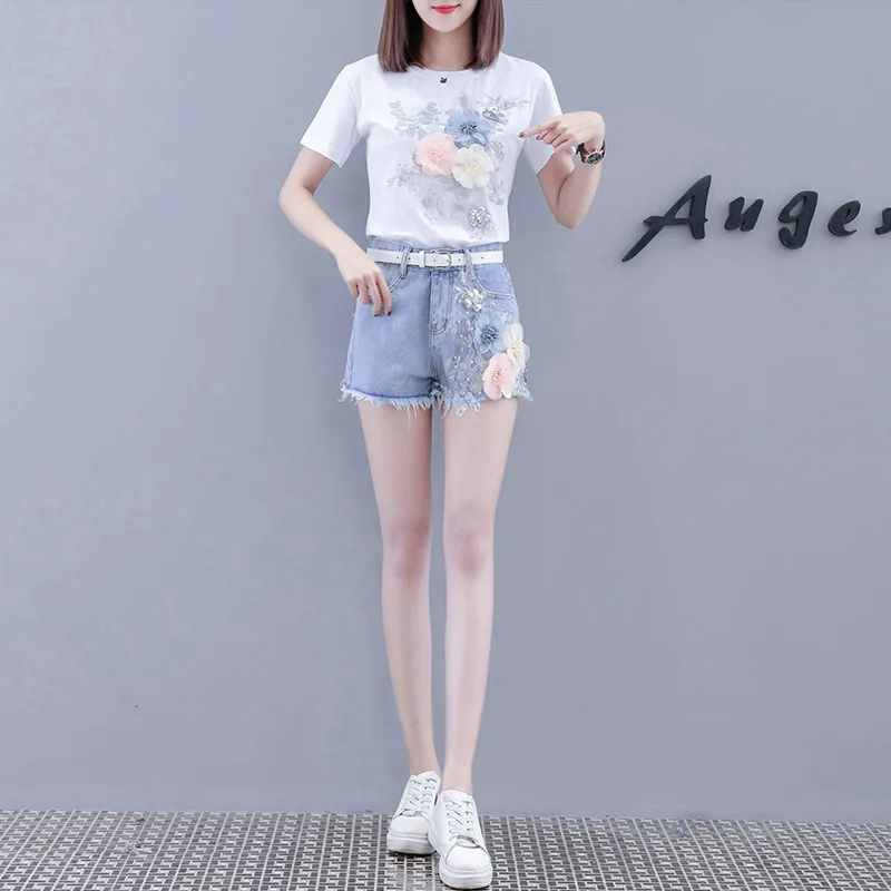 Женский комплект из 2 предметов летние комплекты с вышивкой и объемным цветком