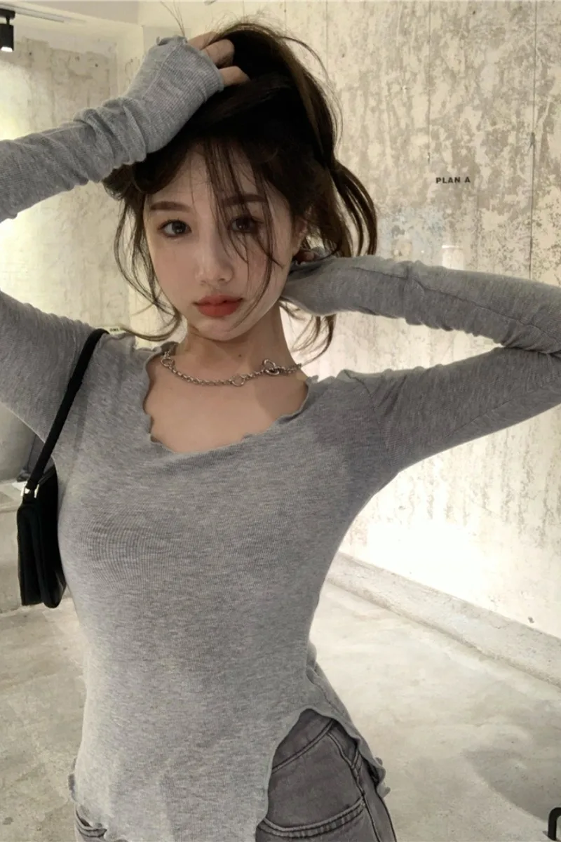 

Gray knitted t-shirt women's autumn tight slim fit long sleeve bottoming shirt new short design top