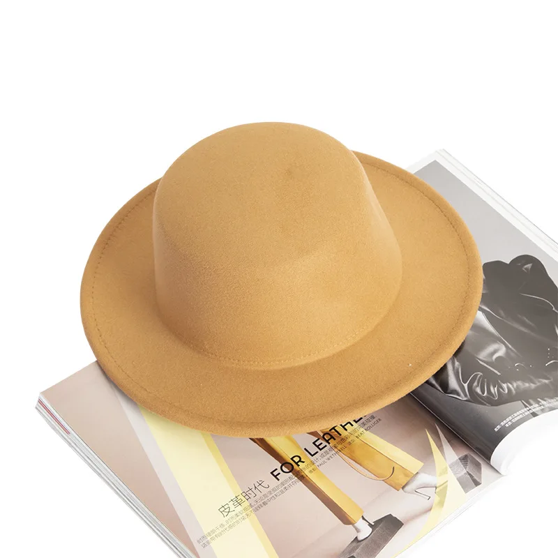 

Joker Flat-topped Hat Hats For Women Sun Autumn British fashion Yellow And Black Wool Bowler Hat wide brim hat