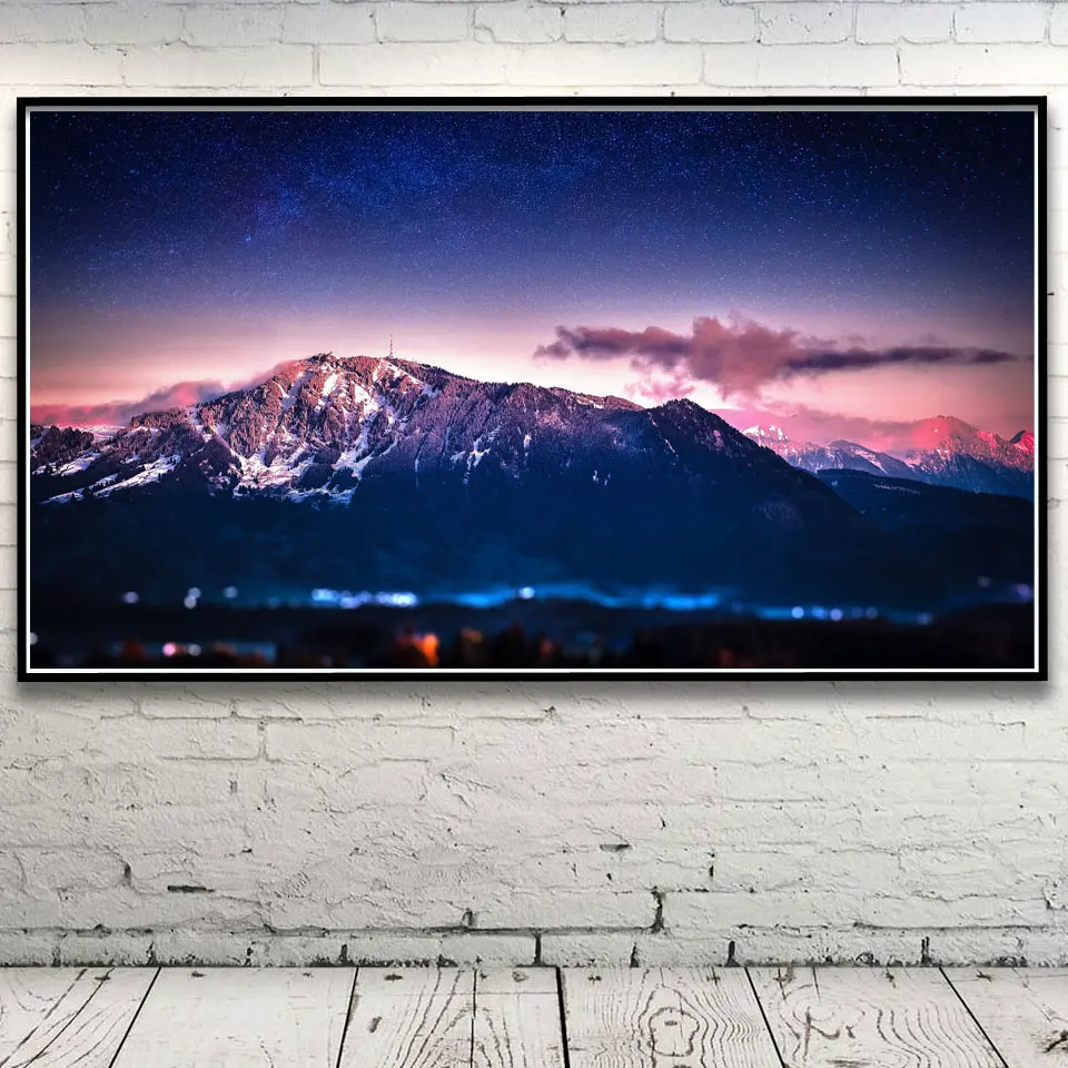 Звездное ночное пространство Зимний снег рок горы Альпы Пейзаж Живопись Холст