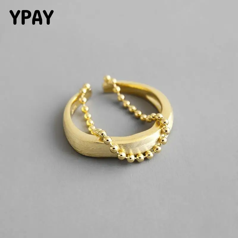 

YPAY 100% Real 925 Sterling Silver Matte Surface Small Round Beads Gold Chain Tassel Open Rings Women Fine Jewelry Gifts YMR929