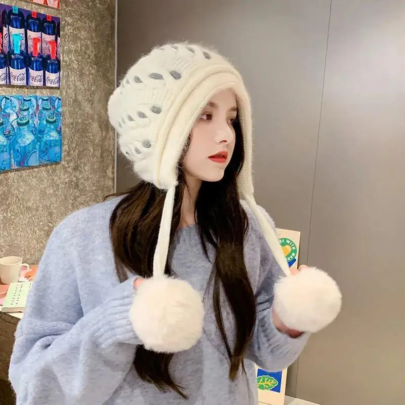 

New Women's Winter Thick Warm Hat Casual Fur Ball Ear Protection Cap Plus Velvet Knitted Woolen Hats