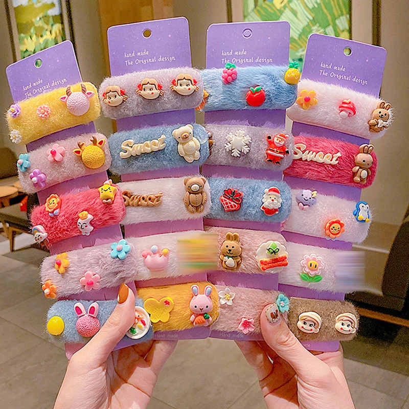 

2PCS Furry Cartoon Hairpin for Child Girls Baby Winter Cute Cartoon Cartoon BB Hair Clips Pins Headdress Hairpins Hair Accessory