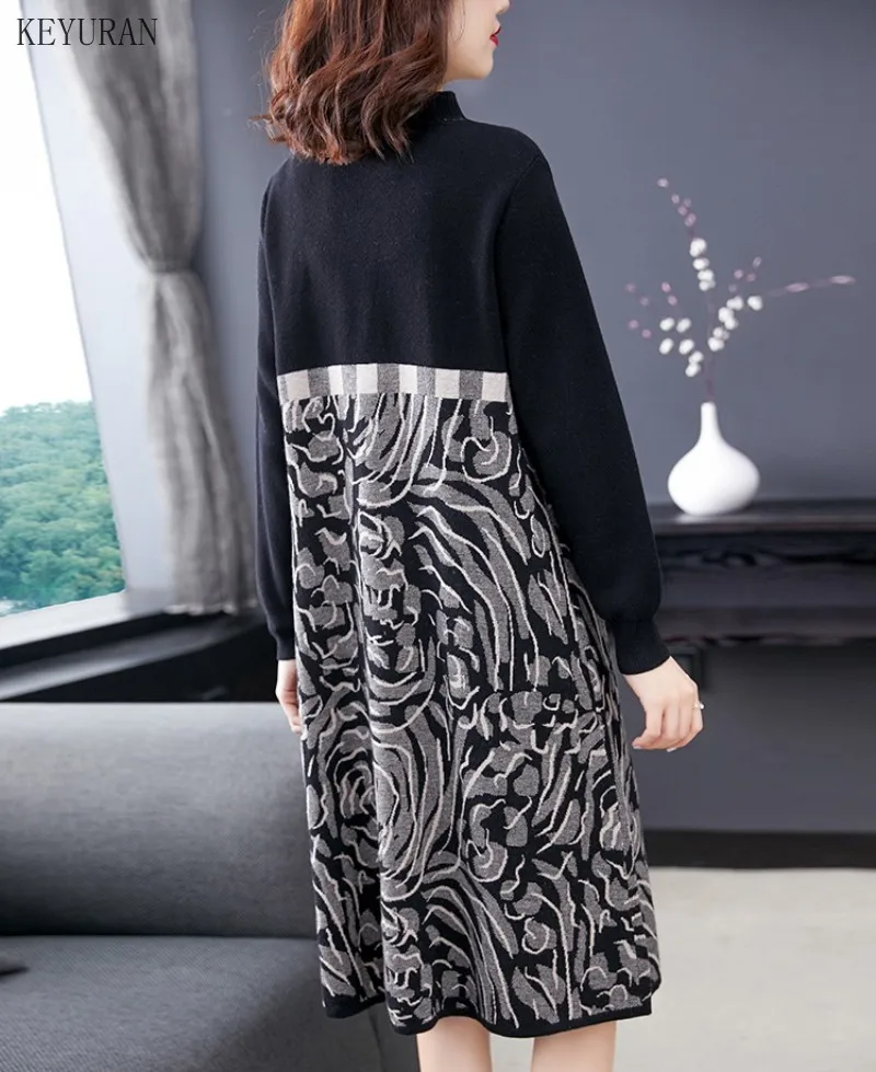 

Knitted Sweater Dress Women Warm Turtleneck Sweater Elegant Patchwork Jumper Loose Long Sleeve Basic Knitted Dresses Pullovers
