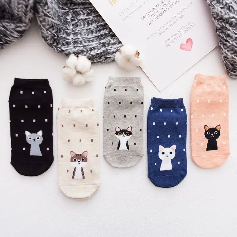 5Pairs/Lot Ankle Socks Women Cartoon Animals Kawaii Japanese Cat Bear Dog Fruit Pattern Girls Happy Funny Short Socks 28 Styles