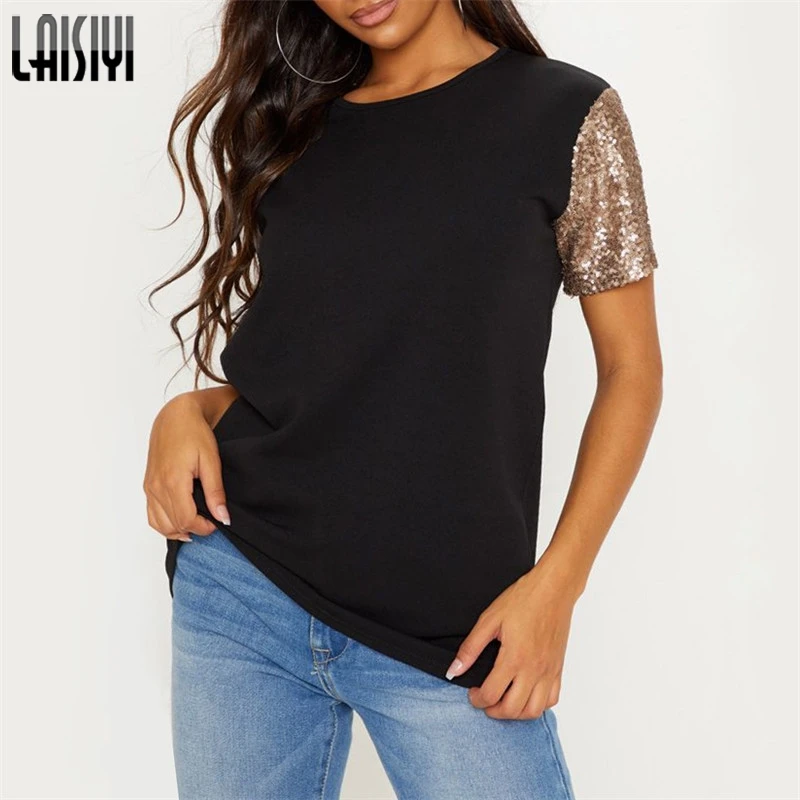 

LAISIYI 2019 Solid Tee Shirt O Neck Short Sleeve Summer Sequined Spliced Casual Blouse Loose Women Tops and Blouses ASBL20515