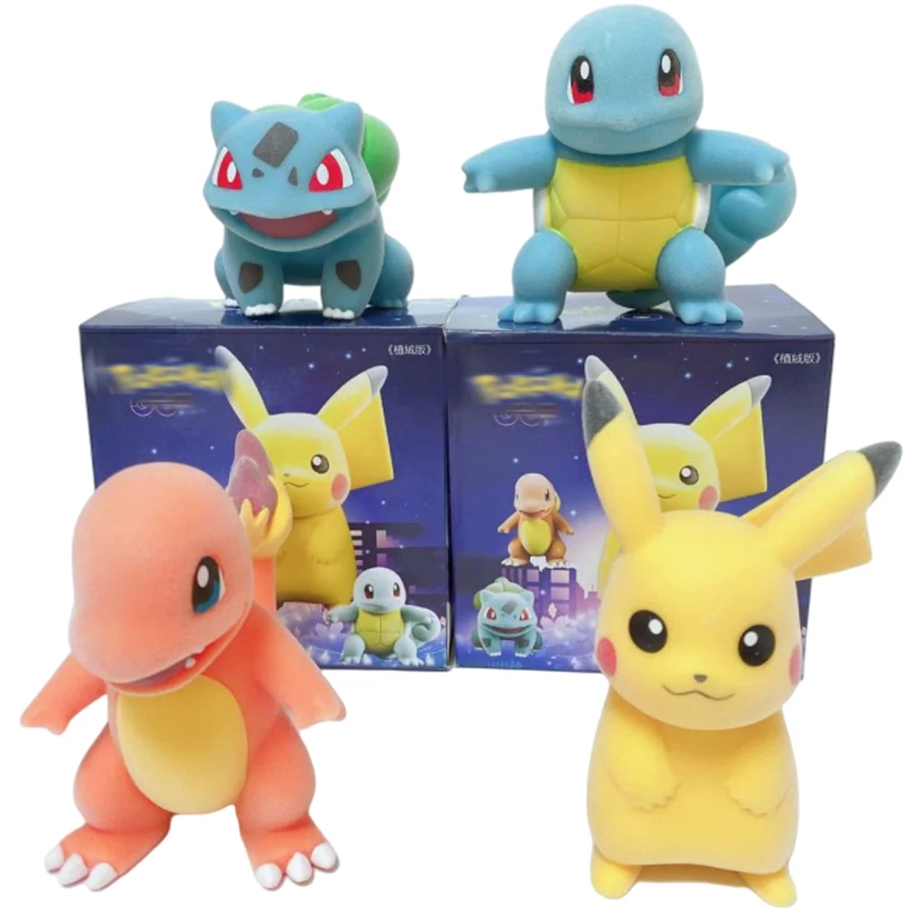 

4 Pcs Pokemone Flocking Anime Figuras Pikachu Bulbasaur Squirtle Charmander Action Figure Plush Flocking Toys Gifts