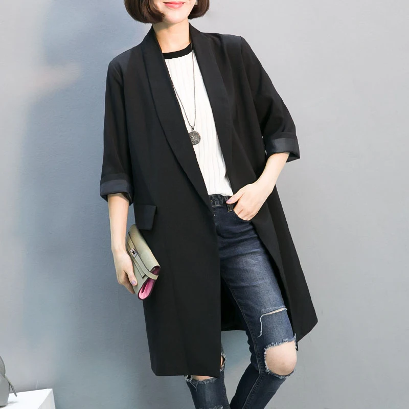 Женский блейзер с отложным воротником черный длинный пиджак свободного покроя