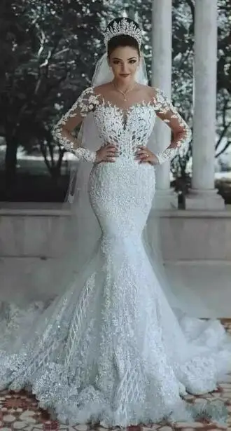 

Romantic Gorgeous Long Sleeve Mermaid Wedding Dresses Beading Lace Princess Bridal Gown Custom Made Appliques 2023