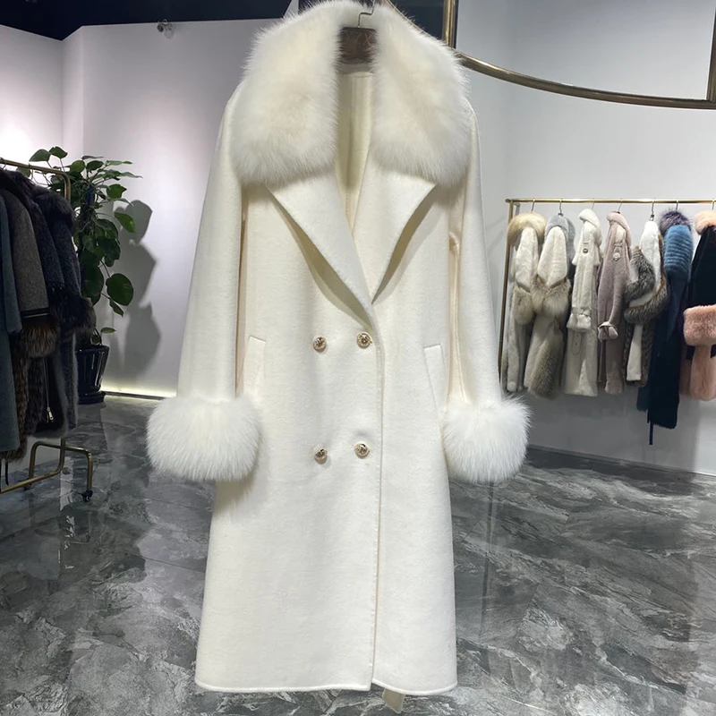 Женское кашемировое пальто с воротником из натурального Лисьего меха | Женская