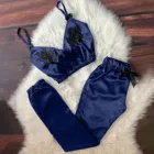 Для женщин с v-образным вырезом, кружевной сексуальный пятно камзол пижамы брюки с бантиком, комплект очень эластичным поясом Для женщин пижамы pijama E1