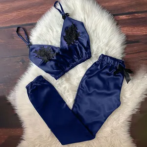 Для женщин с v-образным вырезом, кружевной сексуальный пятно камзол пижамы брюки с бантиком, комплект очень эластичным поясом Для женщин пижамы pijama E1