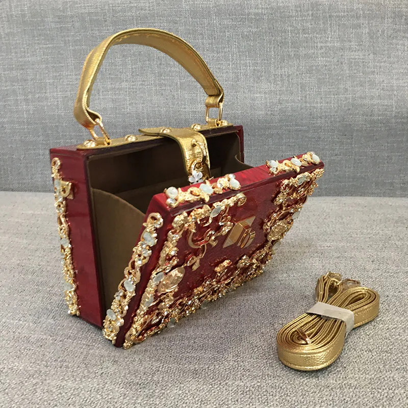 

Hollow relief Acrylic luxury handbag women's retro Box evening bag diamond flower party dinner Clutch purse Shoulder bag FTB296