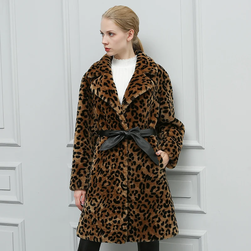 Зимняя теплая женская меховая куртка с леопардовым принтом большие размеры